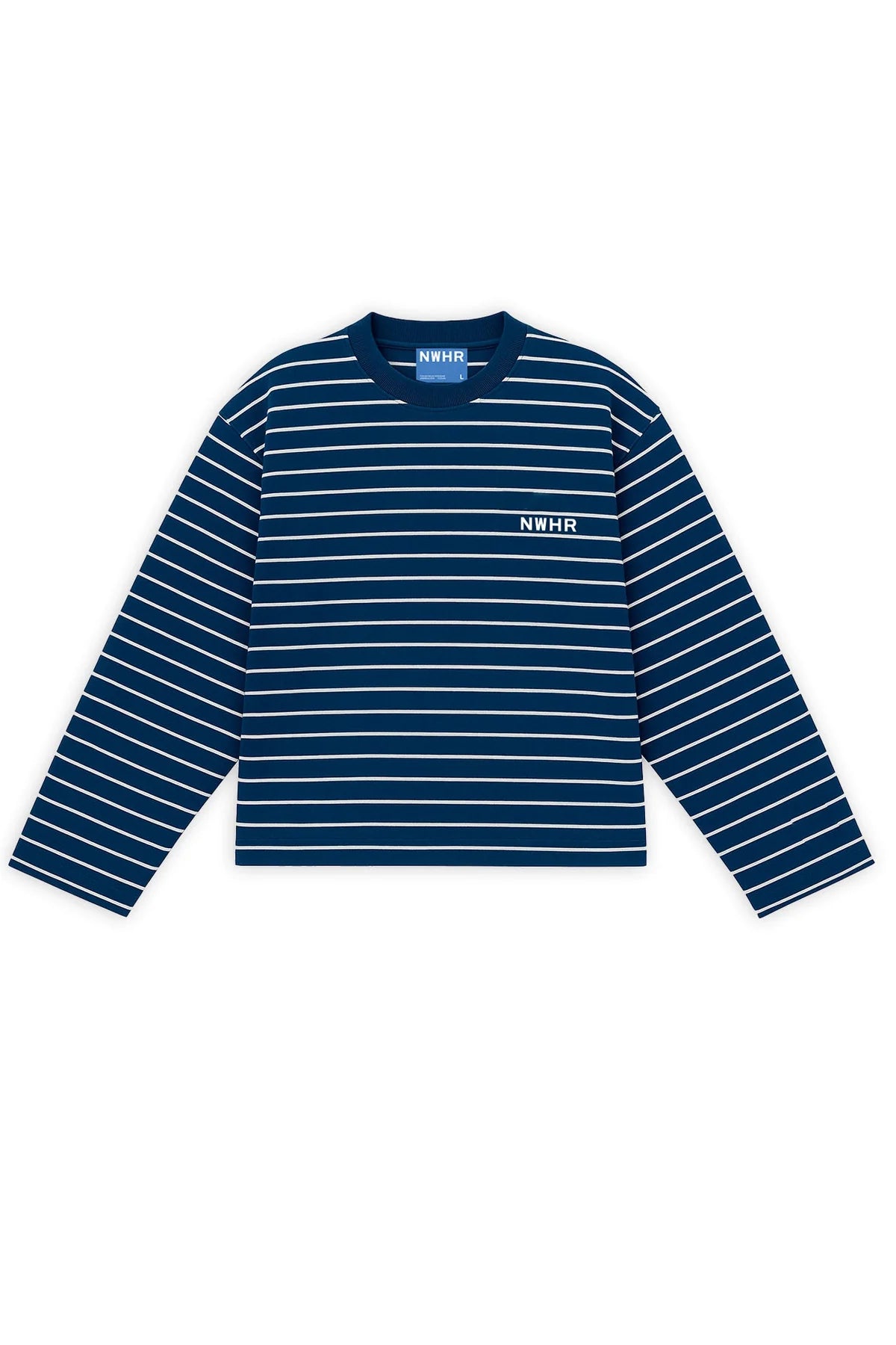 Camiseta de manga larga holgada con estampado clásico de rayas horizontales azules y blancas, confeccionada en algodón orgánico de la marca NWHR.