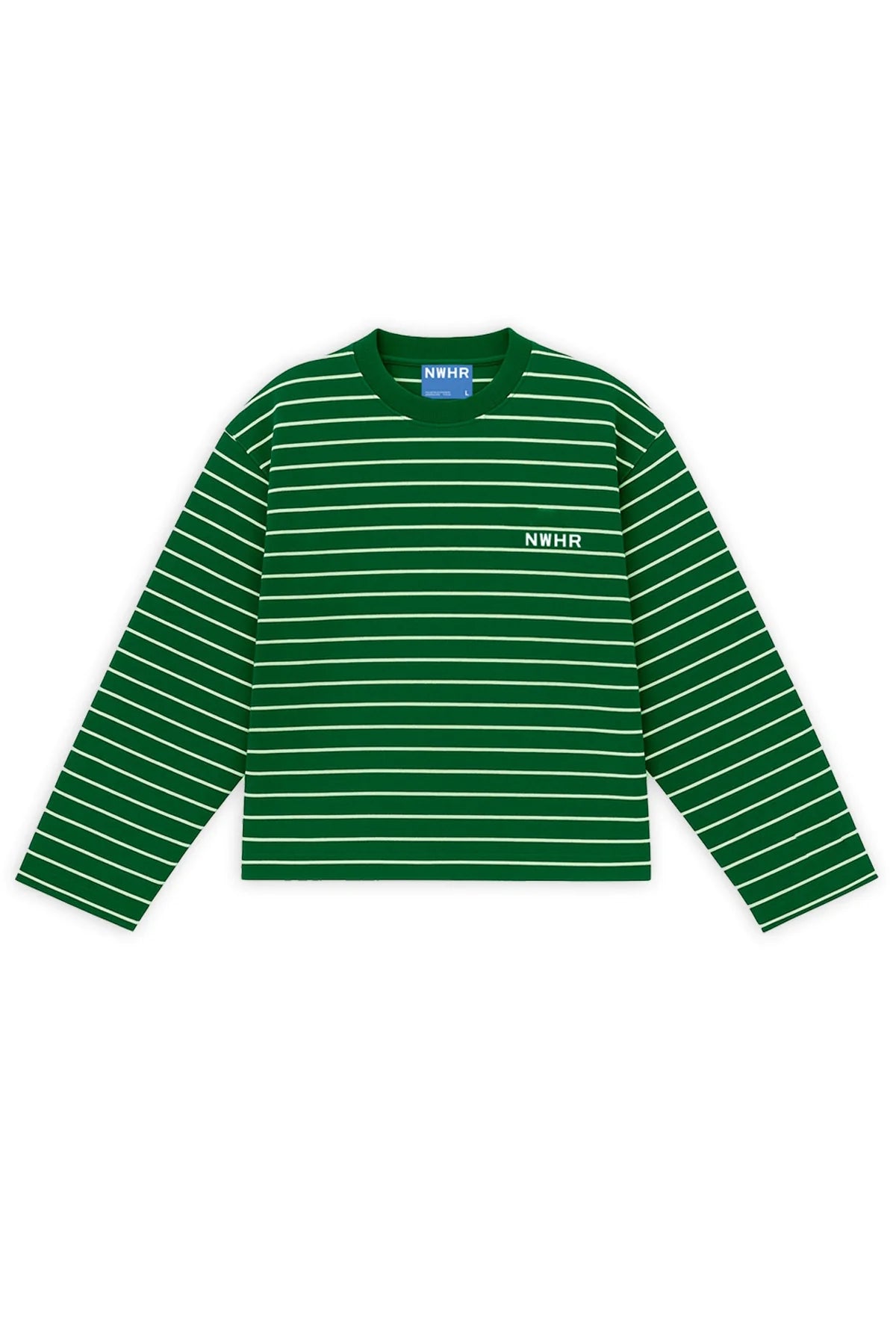 Camiseta de manga larga de corte holgado (oversize) con estampado clásico de rayas horizontales en color verde y blanco, confeccionada en algodón orgánico, marca NWHR.
