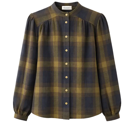 Blusa sidney cuadros de TRIANA by C en algodón y lino, verde azul marino y ocre