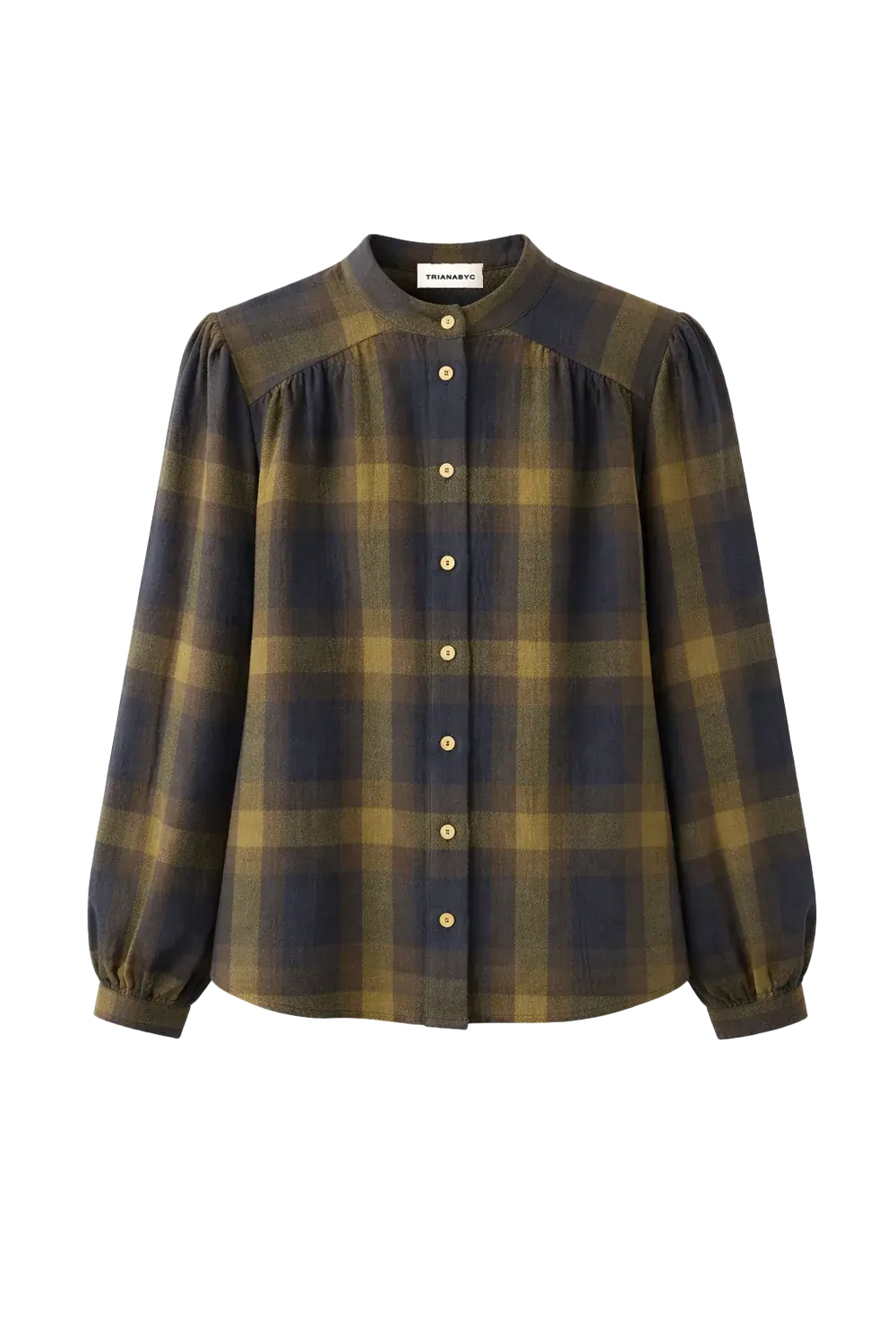 Blusa sidney cuadros de TRIANA by C en algodón y lino, verde azul marino y ocre
