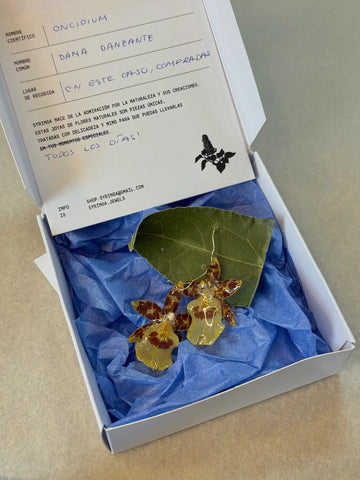 Pendientes Dama Danzante de Syringa Jewels: orquídea
Oncidium amarilla y burdeos encapsulada en resina UV.